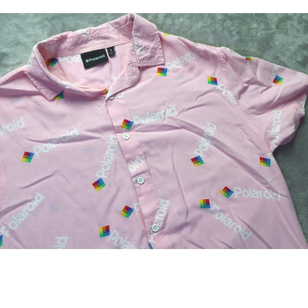 Polaroid Pink Shirt Rainbow Logo‎ All Over Print Men's Size S Retro Y2K Flaw